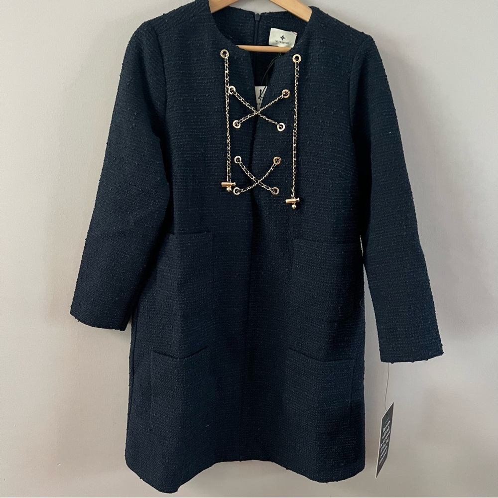 Tuckernuck tie tweed Kelly mini shift dress ladies xs navy blue gold chain
